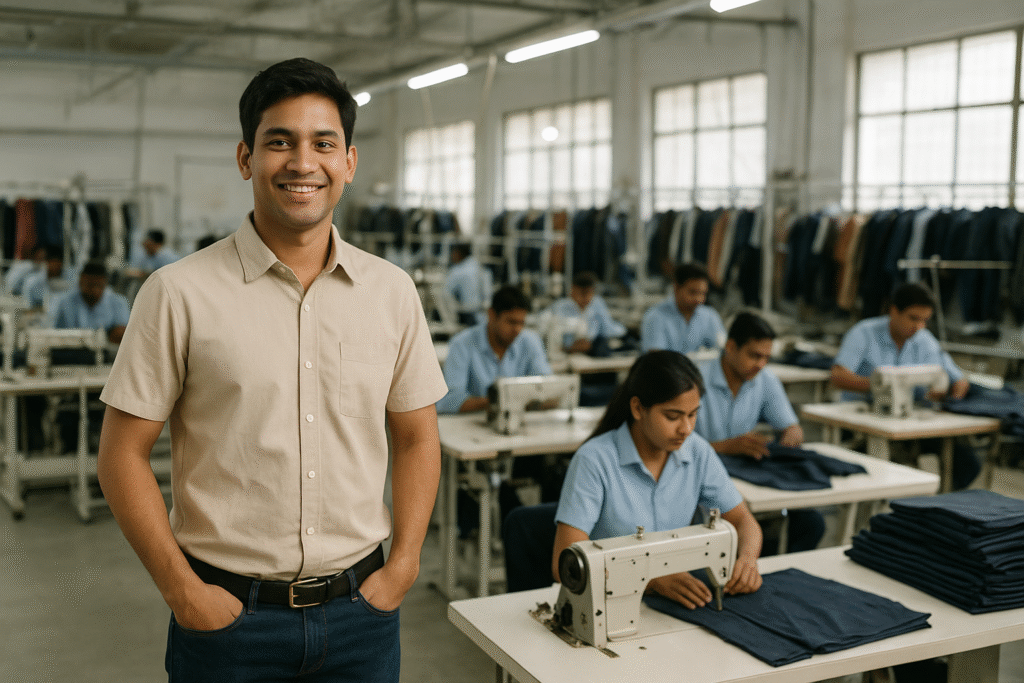NH International garment manufacturing operations in India and Dubai, featuring skilled workers and manager, dedicated to high-quality apparel production for boys and girls