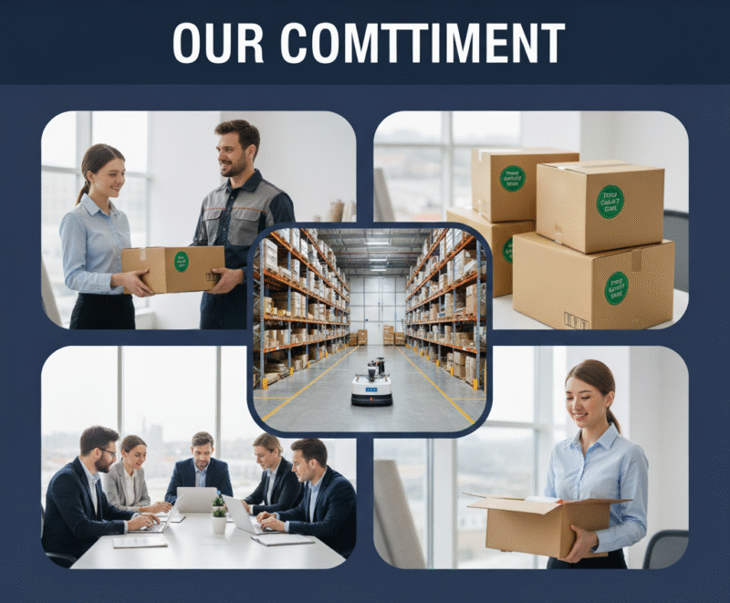 NH International Commitment collage: Efficient package delivery, automated smart warehousing, professional leadership team, and secure ready-to-ship packaging