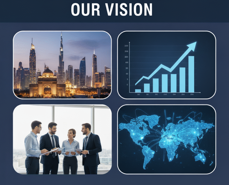 Global expansion strategy, professional team planning, upward growth chart, and Dubai skyline representing our international hub