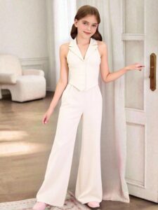 tween girls' summer chic commuter refined elegant solid color lapel sleeveless halter fitted top and drape wide leg straight pants set